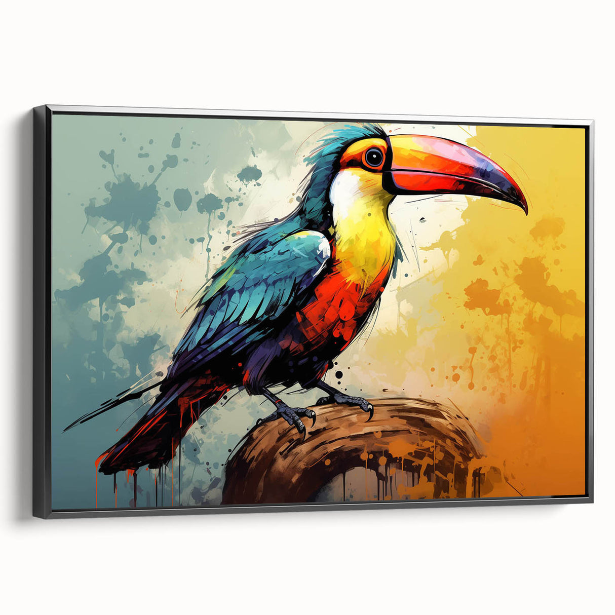 Framed canvas wall art featuring a vibrant tropical birds design, showcasing colorful avian species set against a black background, perfect for home decor.