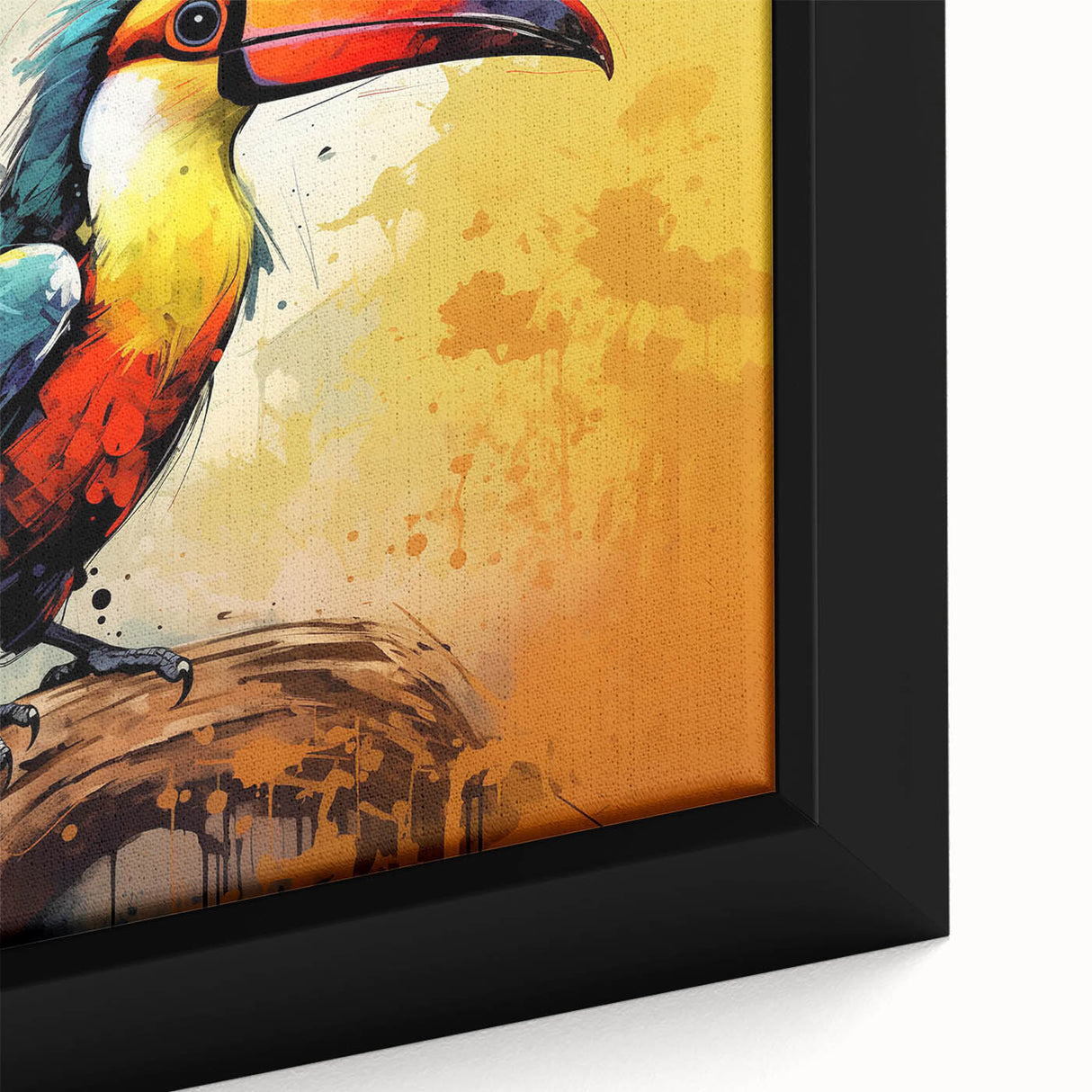 Close-up of a vibrant framed canvas showcasing a tropical bird design with lush greenery, perfect for adding a colorful touch to home decor. Ideal for bird lovers and nature enthusiasts.