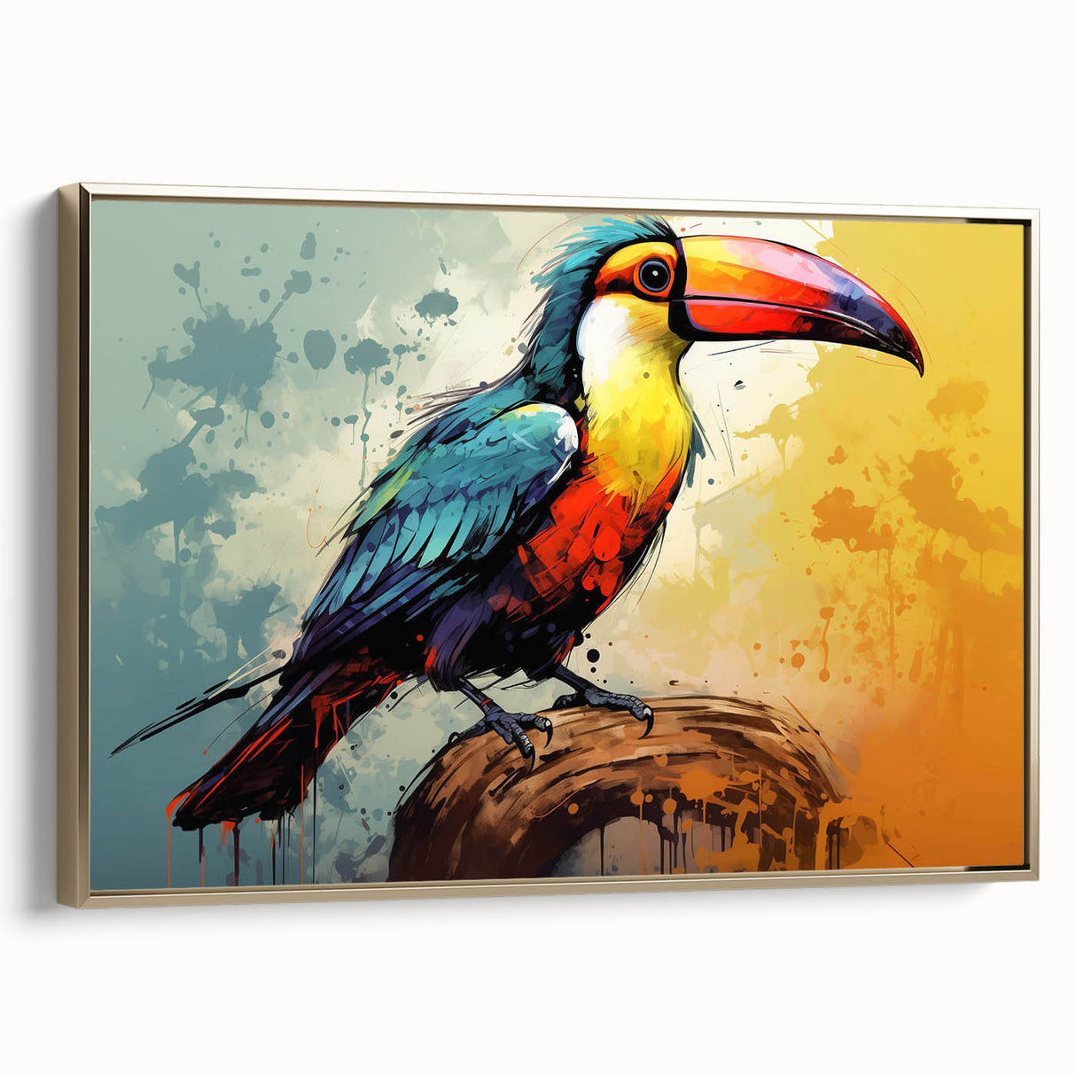 Framed canvas wall art featuring a vibrant tropical bird design with gold accents, showcasing vivid colors and intricate details, perfect for brightening any space.