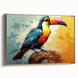 Framed canvas wall art featuring a vibrant tropical bird design with gold accents, showcasing vivid colors and intricate details, perfect for brightening any space.