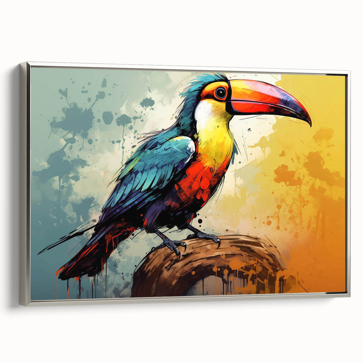 Framed wall art showcasing a vibrant tropical birds design on canvas, elegantly displayed with a silver frame, perfect for enhancing home decor.