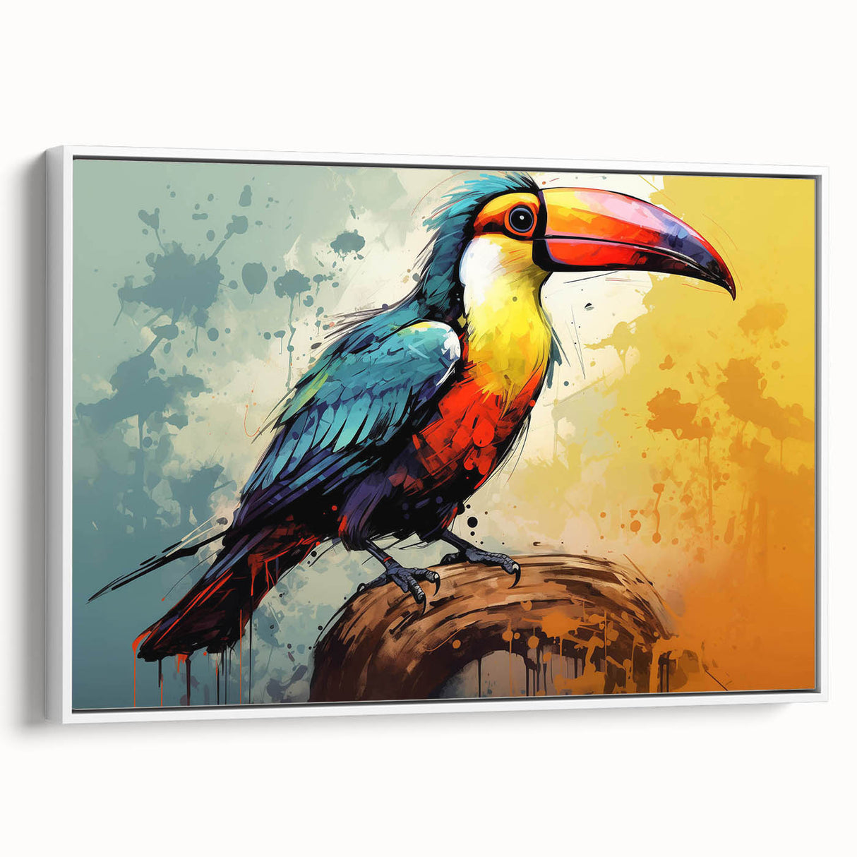 Framed canvas wall art showcasing a vibrant tropical bird design in vivid colors, presented in a sleek white frame, perfect for brightening any indoor space.