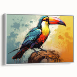 Framed canvas wall art showcasing a vibrant tropical bird design in vivid colors, presented in a sleek white frame, perfect for brightening any indoor space.