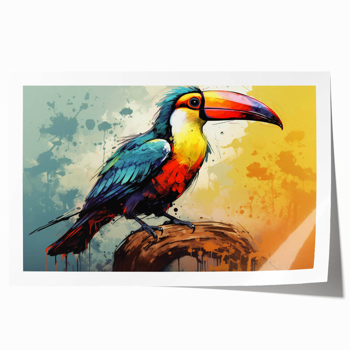 Tropical bird wall art print showcasing vibrant colors and intricate designs, perfect for home decor. Features a rolled format for easy framing and display.