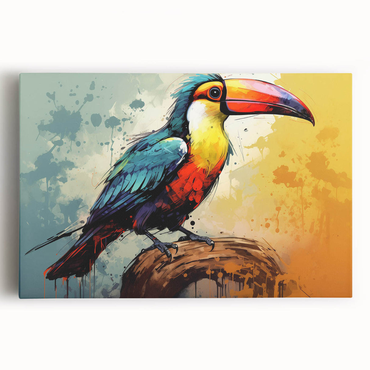 Vibrant tropical birds wall art collection on stretched canvas, showcasing vivid colors and intricate details, perfect for enhancing home decor aesthetics.