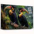 Vibrant tropical bird-themed wall art displayed in a sleek acrylic frame, showcasing vivid colors and intricate details, ideal for enhancing home decor.