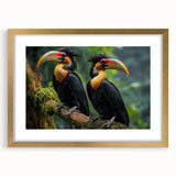 Tropical bird-themed wall art in a sleek gold frame with a white mat, showcasing vibrant colors and intricate details, ideal for home decor.