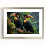 Framed tropical bird wall art featuring vibrant colors and intricate designs, set in a sleek silver frame with matting, ideal for home decor.