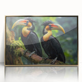 Framed acrylic wall art showcasing a vibrant tropical bird design, featuring gold accents and a sleek front view, ideal for home decor enhancement.