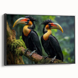 Framed canvas wall art showcasing a vibrant tropical bird design with a black frame, ideal for adding a touch of nature-inspired decor to any room.