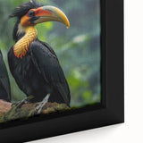 Close-up of a vibrant tropical birds canvas wall art featuring colorful parakeets and exotic foliage, ideal for adding a lively touch to home decor.