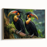 Framed wall art featuring a vibrant tropical bird design with lush greenery, set against a stylish gold frame, perfect for enhancing home decor.
