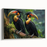 Framed canvas wall art showcasing a vibrant tropical bird design, featuring a silver frame that accentuates the colorful artwork, ideal for enhancing interior decor.