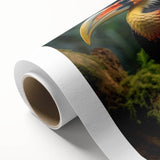 Vibrant rolled canvas featuring a tropical bird design with lush foliage, showcasing vivid colors and intricate details, perfect for enhancing home decor.