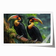 Vibrant tropical bird wall art print showcasing colorful parrots and exotic foliage, ideal for enhancing home decor or office spaces. Rolled for safe shipping.