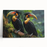 Tropical birds wall art collection featuring vibrant colors and intricate designs, printed on stretched canvas and leaning against a textured wall.