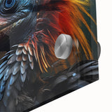 Close-up of a vibrant tropical bird wall art design on acrylic glass, showcasing intricate colors and details, ideal for enhancing modern home decor.