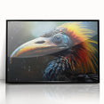 Framed wall art featuring a vibrant tropical bird design with rich colors and intricate details, set in a sleek black frame, ideal for enhancing modern decor.