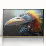 Framed wall art featuring a vibrant tropical bird design with a gold-acrylic frame, showcasing colorful plumage against a white background, perfect for home decor.