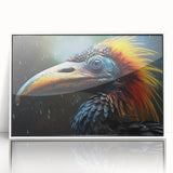 Framed acrylic wall art showcasing a vibrant tropical bird design, featuring a white frame and a colorful display of exotic birds, perfect for home decor.