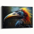 Framed wall art featuring a vibrant tropical birds design on canvas, showcasing detailed colorful illustrations with a sleek black frame, perfect for enhancing home decor.