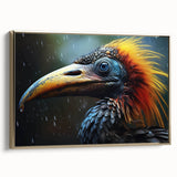 Framed tropical bird wall art design showcasing vibrant hues of green and gold, ideal for modern home decor, set against a stylish canvas backdrop.