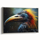 Framed wall art featuring a vibrant tropical birds design on canvas, set in a sleek silver frame, showcasing colorful avian illustrations perfect for home decor.