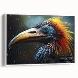 Framed canvas wall art showcasing a vibrant tropical bird design, featuring vivid colors and a white frame, perfect for brightening home decor in a modern setting.