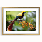 Tropical bird-themed wall art featuring vibrant colors and intricate designs, elegantly framed with a gold finish, perfect for enhancing modern home decor.