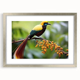 Tropical bird-themed wall art collection featuring vibrant colors and intricate designs. Framed in silver with a mat, showcasing a modern aesthetic for home decor.