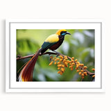 Tropical birds wall art design framed in white with a mat, showcasing vibrant colors and intricate details, perfect for home decor. Ideal for nature enthusiasts.