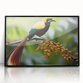 Framed wall art featuring a vibrant tropical bird design, showcasing vivid colors and intricate details, set against a black background for a striking contrast.