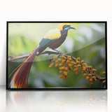 Framed wall art featuring a vibrant tropical bird design, showcasing vivid colors and intricate details, set against a black background for a striking contrast.