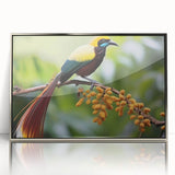 Framed tropical birds wall art design showcasing vibrant colors and intricate details, encased in a sleek silver frame, perfect for home decor enthusiasts.