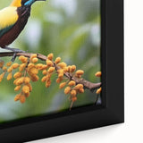Close-up of a vibrant tropical bird design on framed canvas wall art, showcasing vivid colors and intricate details, perfect for enhancing home decor.