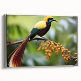 Framed canvas wall art showcasing a vibrant tropical bird design with a silver frame, highlighting colorful plumage and intricate details, ideal for home decor.