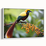 Framed canvas wall art showcasing a vibrant tropical bird design with colorful plumage, displayed in a modern white frame, ideal for enhancing interior decor.
