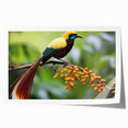 Vibrant tropical bird wall art print showcasing colorful parrots and foliage, rolled and packaged securely in a cardboard tube for easy display. Ideal for enhancing interior decor with a lively touch.