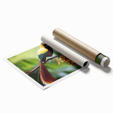 Tropical bird wall art print showcasing vibrant colors and intricate details, perfect for home decor. Rolled design for easy framing and display.
