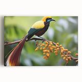 Tropical wall art canvas featuring vibrant, colorful birds perched among lush green foliage, perfect for adding a lively touch to any home decor.