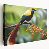 Stretched canvas wall art featuring a vibrant tropical birds design in rich colors, showcasing detailed illustrations of exotic avian species, perfect for home decor.