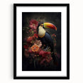 Tropical wall art featuring vibrant birds in a stylish black frame with a mat, ideal for enhancing modern decor with a touch of nature. Perfect for living rooms or offices.
