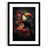 Tropical wall art featuring vibrant birds in a stylish black frame with a mat, ideal for enhancing modern decor with a touch of nature. Perfect for living rooms or offices.