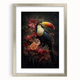 Framed tropical birds wall art print featuring vibrant colors and intricate details, presented in a sleek silver frame with a white mat for an elegant look.