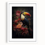 Framed tropical bird wall art design showcasing vibrant colors and intricate details, presented in a white mat for an elegant finish, perfect for home decor.