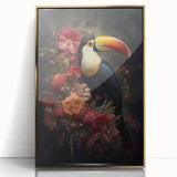 Framed tropical bird wall art featuring vibrant colors and intricate designs, set in a sleek gold acrylic frame, perfect for stylish home decor.