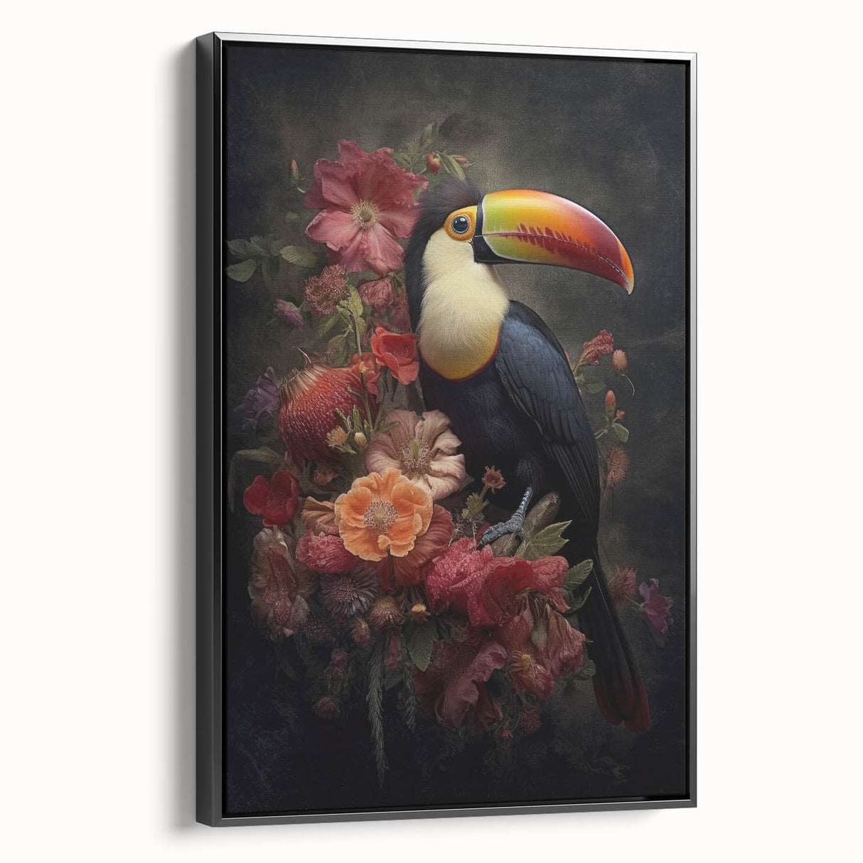 Framed canvas artwork showcasing a vibrant tropical bird design, featuring rich colors and intricate details. The black frame enhances its modern aesthetic, ideal for home decor.