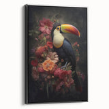 Framed canvas artwork showcasing a vibrant tropical bird design, featuring rich colors and intricate details. The black frame enhances its modern aesthetic, ideal for home decor.