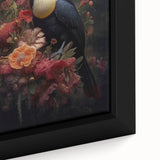 Framed wall art featuring a vibrant close-up of tropical birds in detailed colors, showcasing their unique plumage against a lush background, ideal for nature lovers.