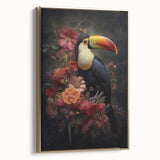 Framed tropical bird wall art collection showcasing vibrant colors and intricate designs, set against a gold frame, perfect for enhancing home decor.